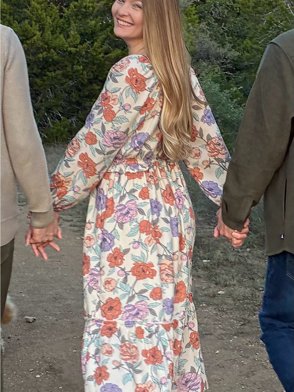 Cream Floral Maxi Dress with Orange & Purple Blooms